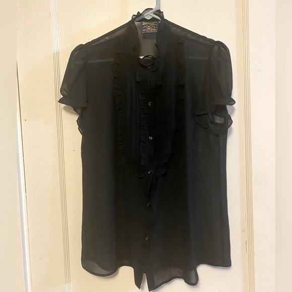 American Living Sheer Black Ruffle Button Up - Picture 1 of 3
